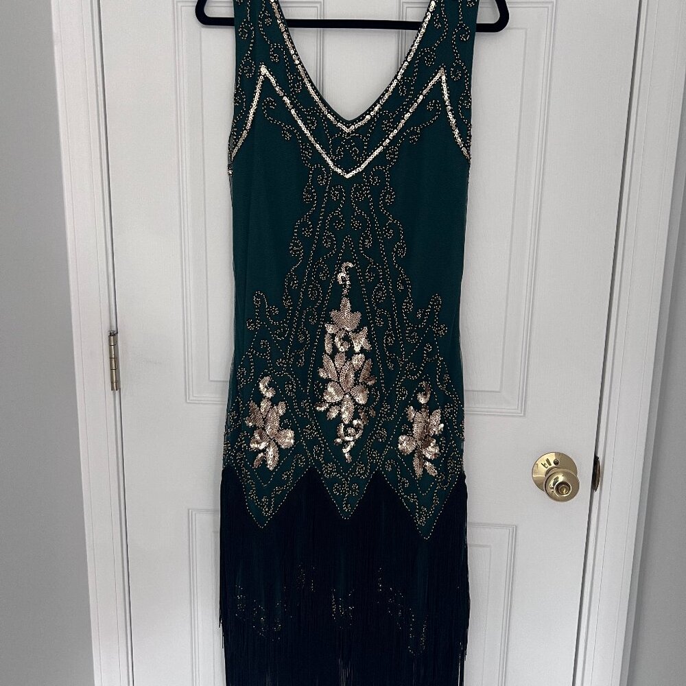 Emerald Green & Gold Sequin Fringe Flapper Dress – Size L – New with Tags